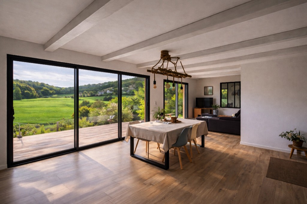 Salon lumineux avec baies coulissantes ouvrant sur la nature